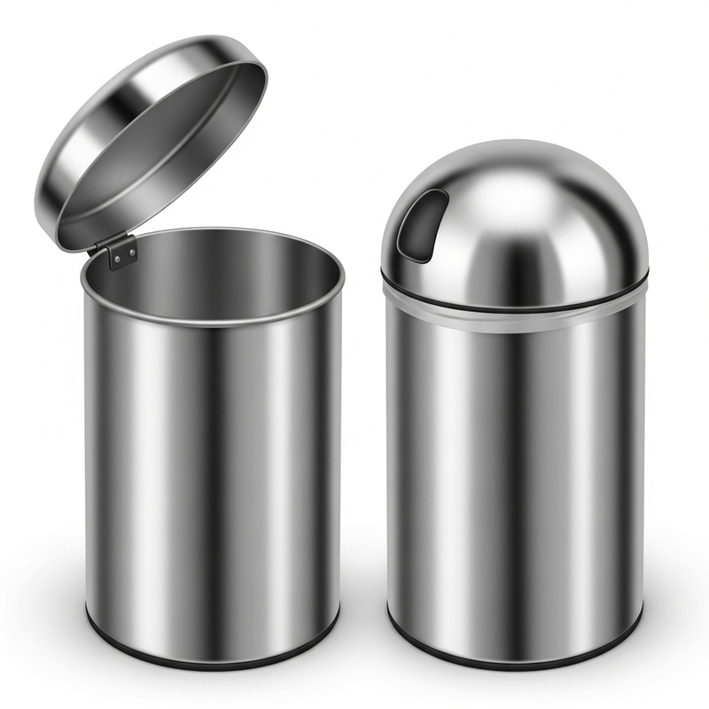 Open and Closed Stainless Steel Trash Cans