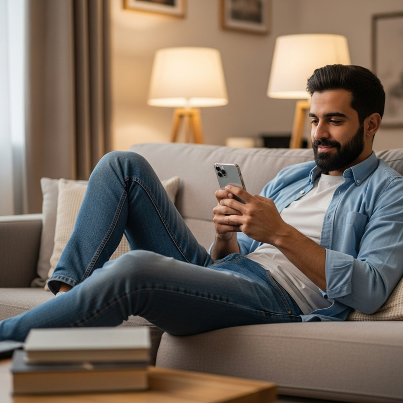 Lazy Guy Relaxing on Couch with Smartphone