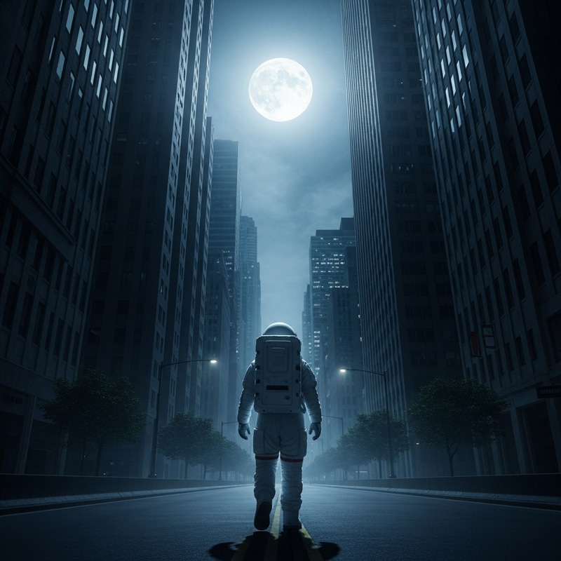 Astronaut Walking Forward in Moonlit Urban Street Astronaut Walking Forward in Moonlit Urban Street