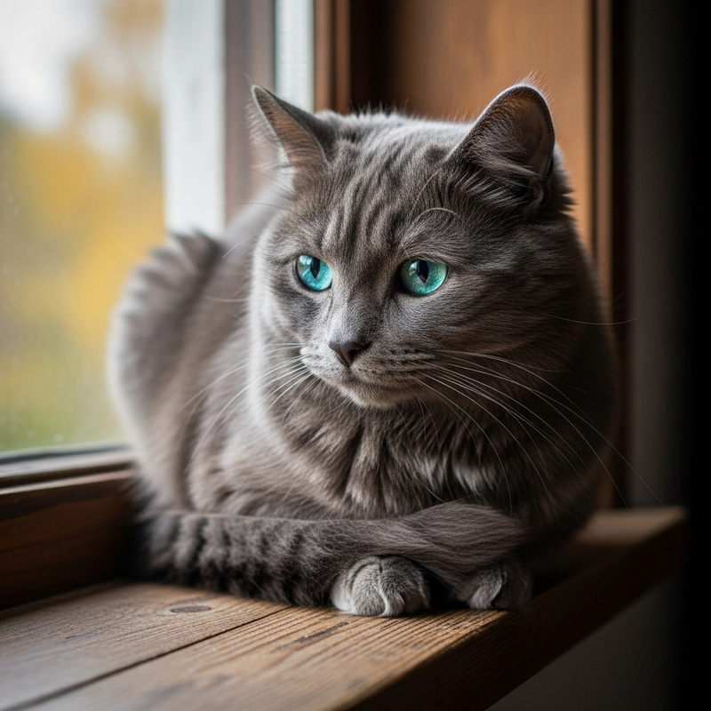 Sad Grey Cat with Cyan Eyes on Window Sill