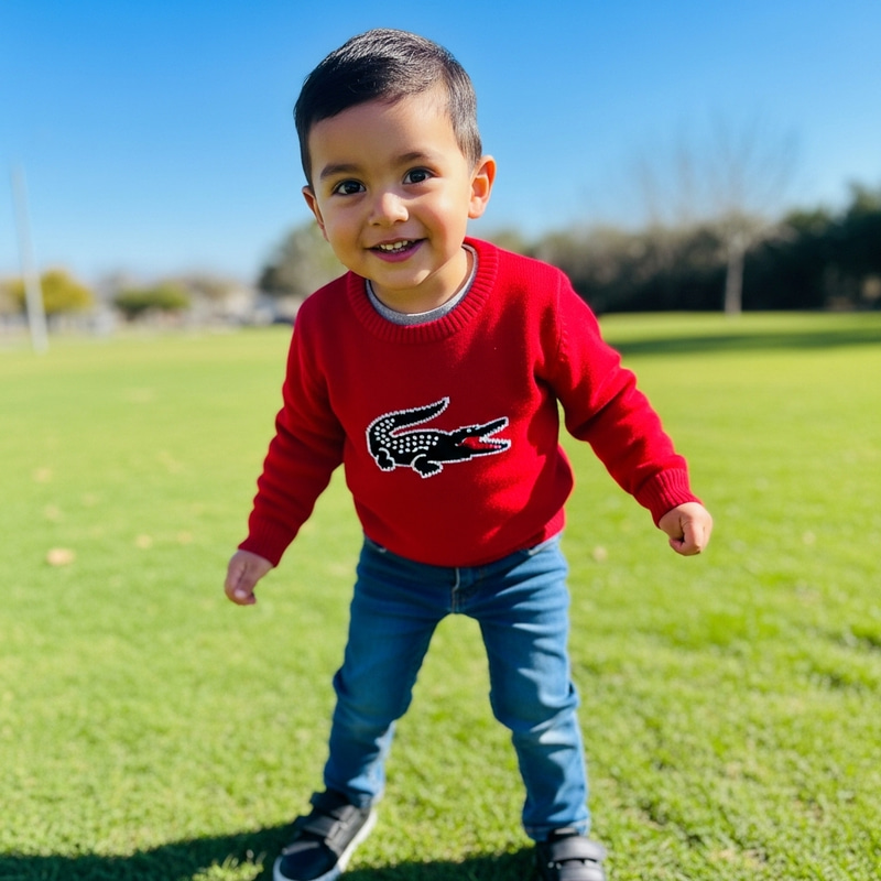 Young Hispanic Boy in Red Sweater Outdoors | Lush Grass & Clear Blue Skies Young Hispanic Boy in Red Sweater Outdoors | Lush Grass & Clear Blue Skies