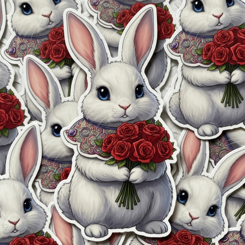 Adorable Rabbit Stickers with Roses | Wenta Close Collar Design