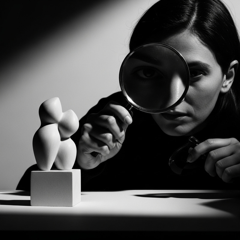 Black and White Minimalist Person with Magnifying Glass Evaluating Sculpture Black and White Minimalist Person with Magnifying Glass Evaluating Sculpture