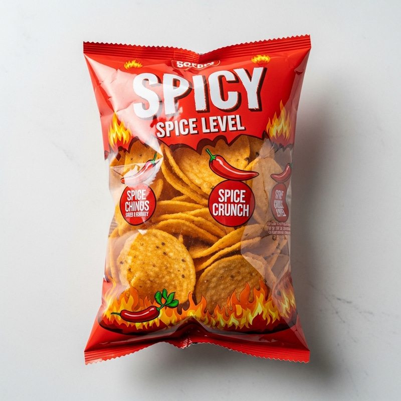 Transparent Spicy Chips Packet - Delicious Crispy Snack Transparent Spicy Chips Packet - Delicious Crispy Snack