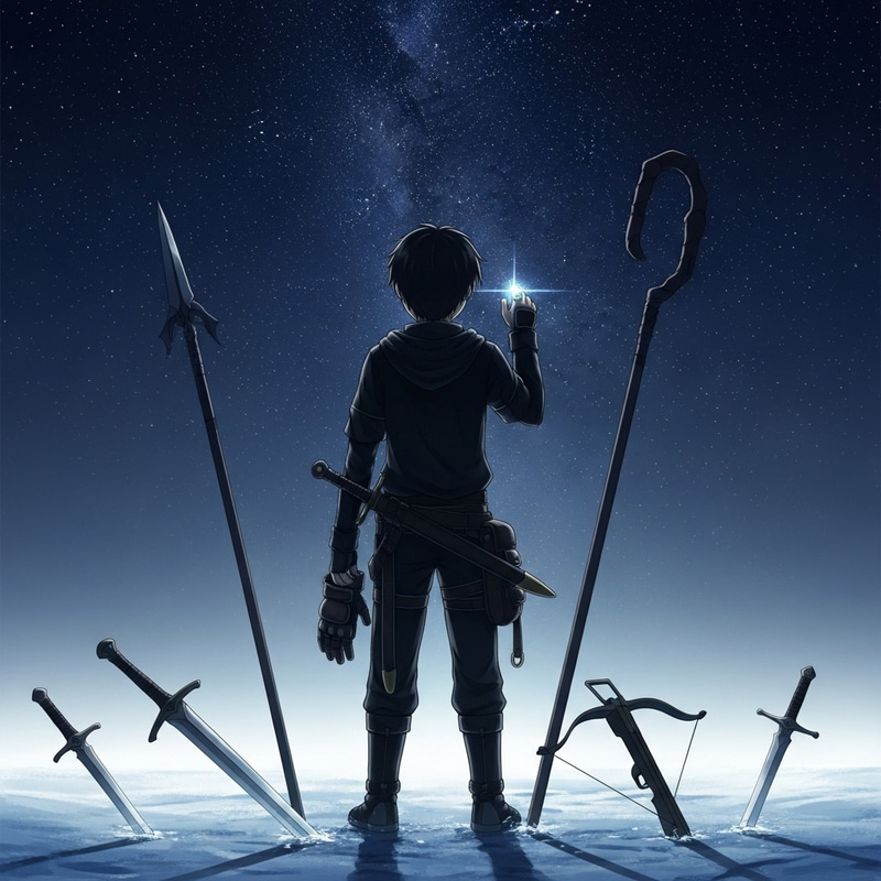 Anime Dark Silhouette Boy in Mystical Snowy Night Anime Dark Silhouette Boy in Mystical Snowy Night