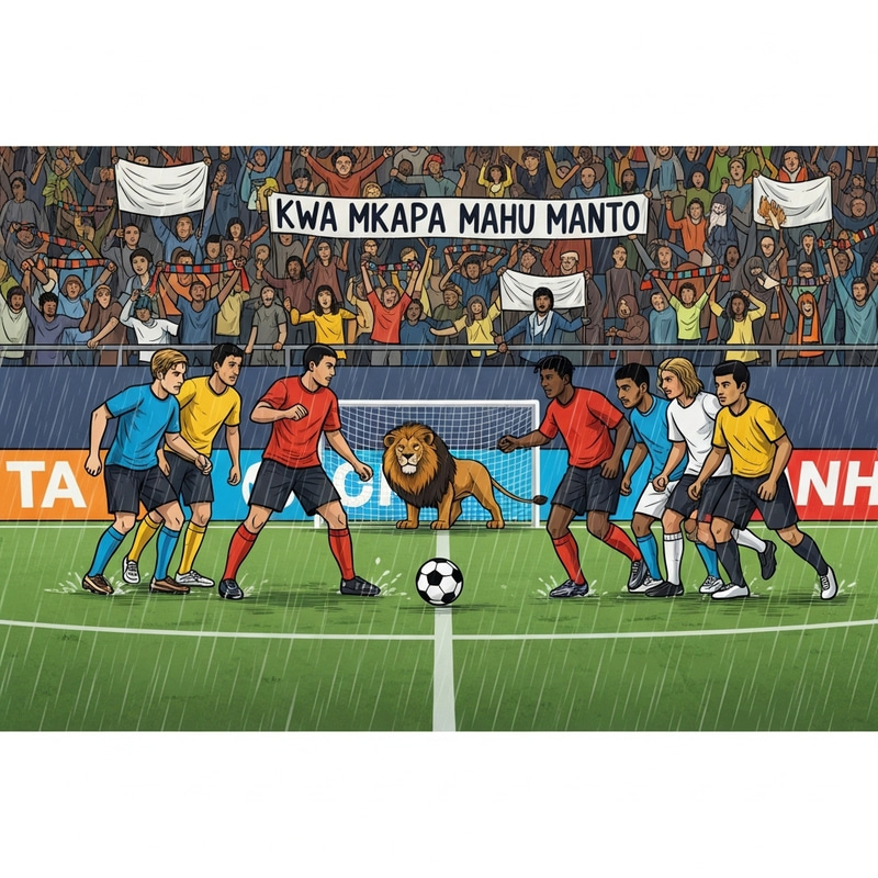 Diverse Football Teams in Downpour | Fans Cheer with Banners Diverse Football Teams in Downpour | Fans Cheer with Banners