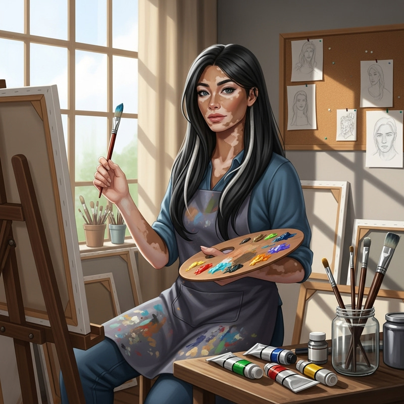 25-Year-Old Woman with Vitiligo, Black Hair & Grey Strands | Painter