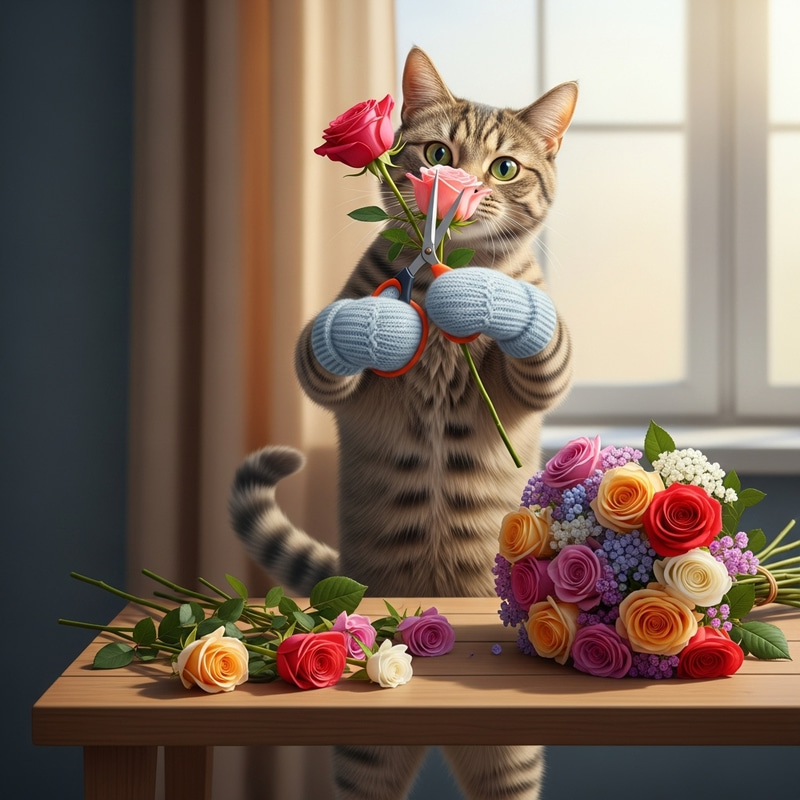 Cat Arranging Vibrant Rose Bouquet for March 8th Celebration Cat Arranging Vibrant Rose Bouquet for March 8th Celebration