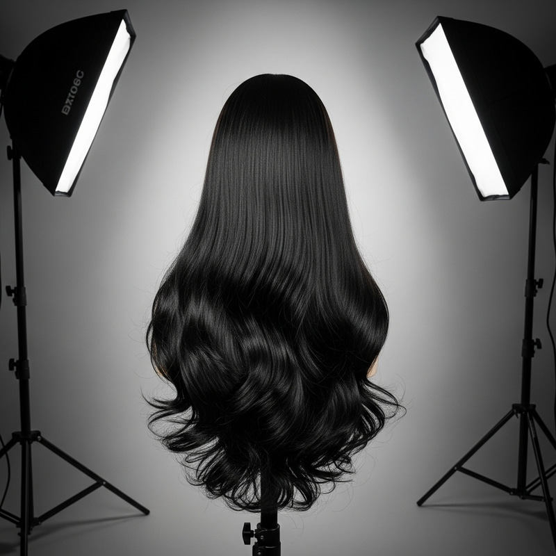 Stunning Silky Black Hair Wig in Professional Studio