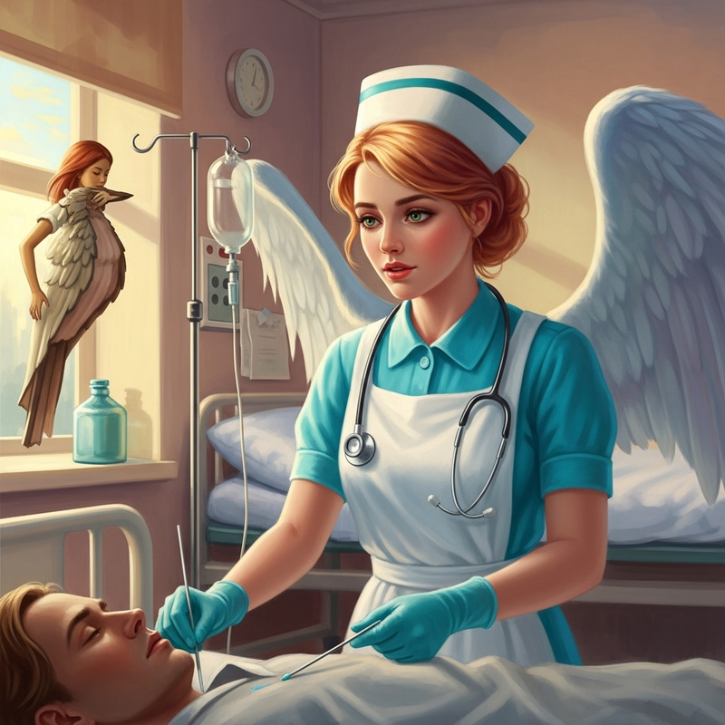 Ethereal Nurse's Care: Compassionate Scene in Surreal Dawn-lit Hospital Ethereal Nurse's Care: Compassionate Scene in Surreal Dawn-lit Hospital