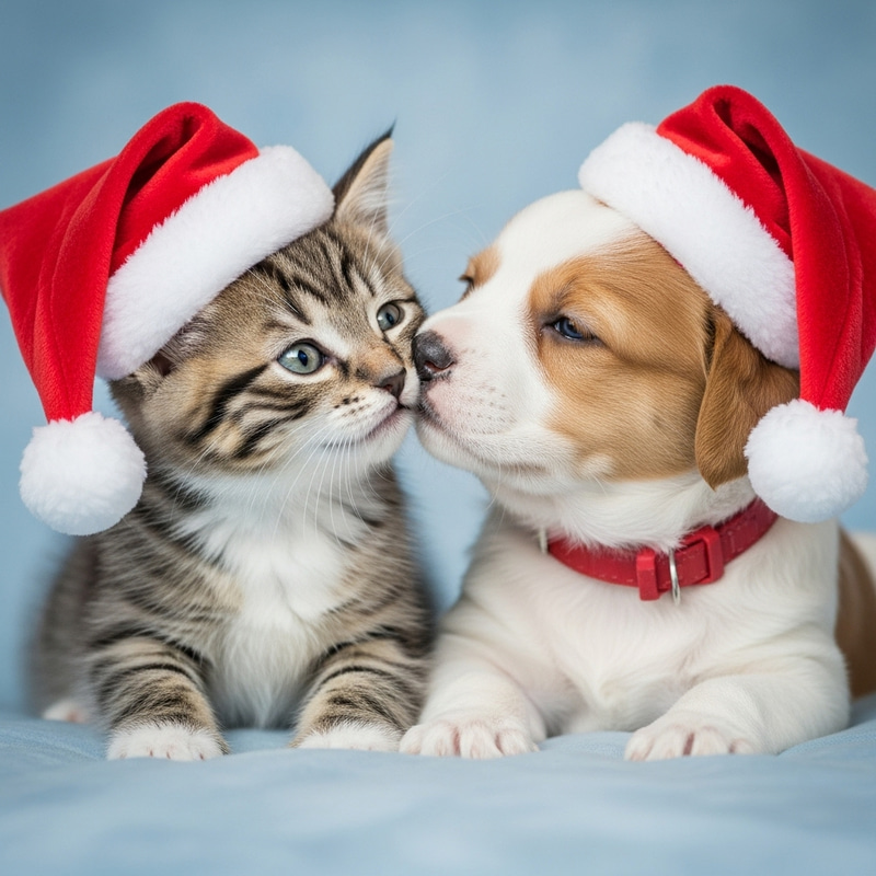 Realistic Photographic Art of Tender and Happy Kitten & Puppy in Christmas Hats Realistic Photographic Art of Tender and Happy Kitten & Puppy in Christmas Hats