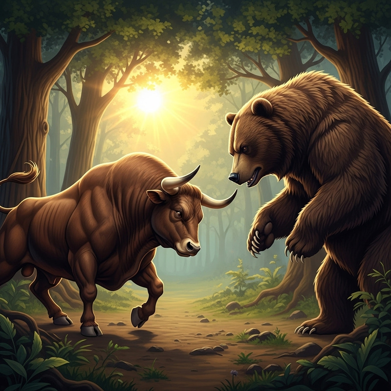 Majestic Bull and Bear Standoff in Enchanted Forest Majestic Bull and Bear Standoff in Enchanted Forest