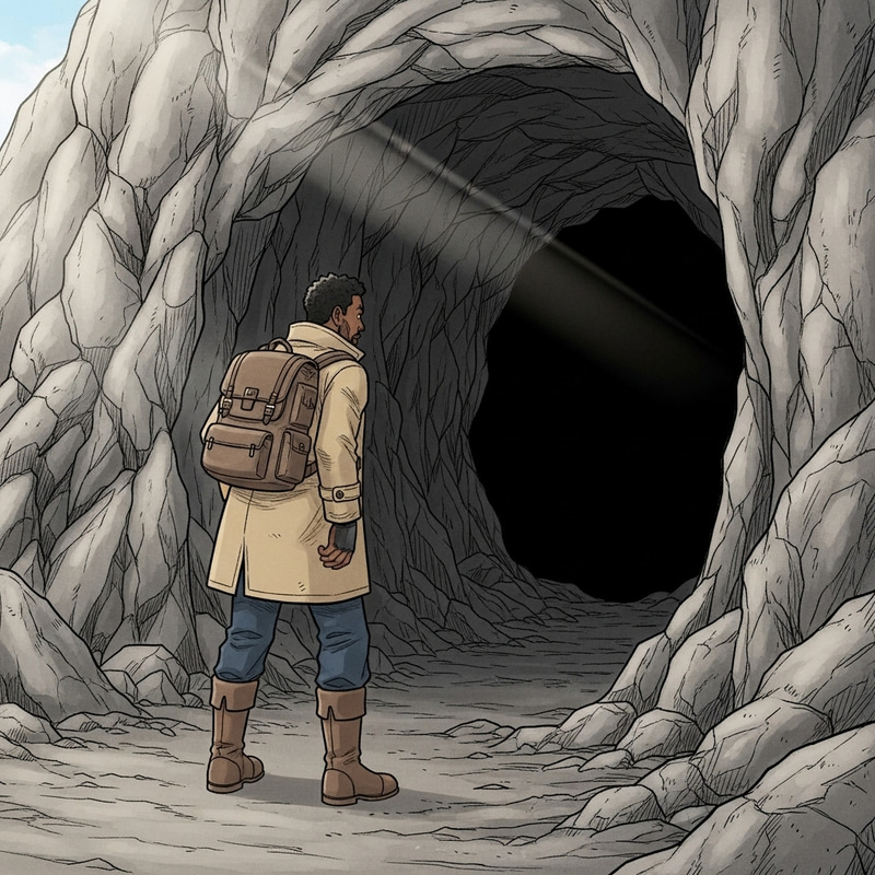 Manga Style Adventure: Man Entering Mysterious Cave