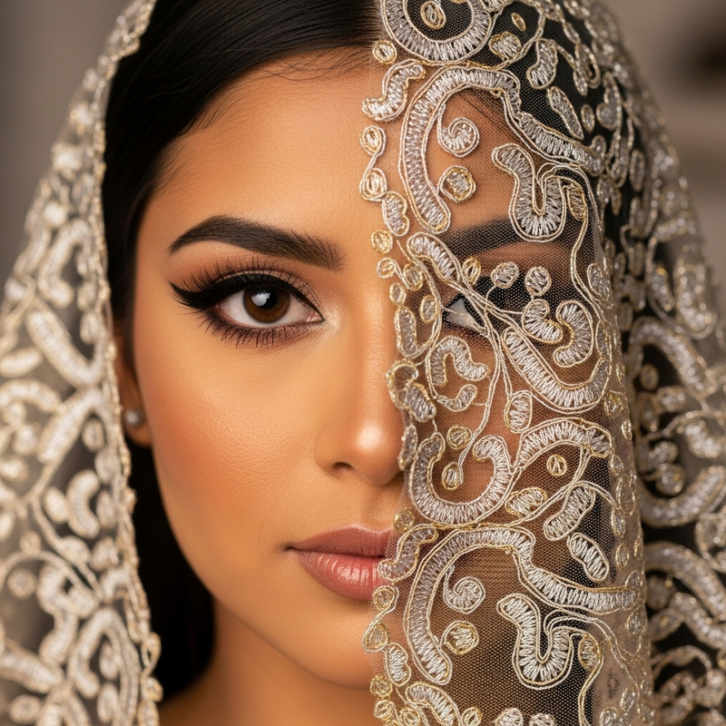 Elegant Hispanic Woman with Veil Covering Half Face and Delicate Filigree Decor Elegant Hispanic Woman with Veil Covering Half Face and Delicate Filigree Decor