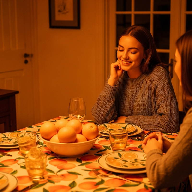 Olivia Admiring Fresh Oranges at Dining Table