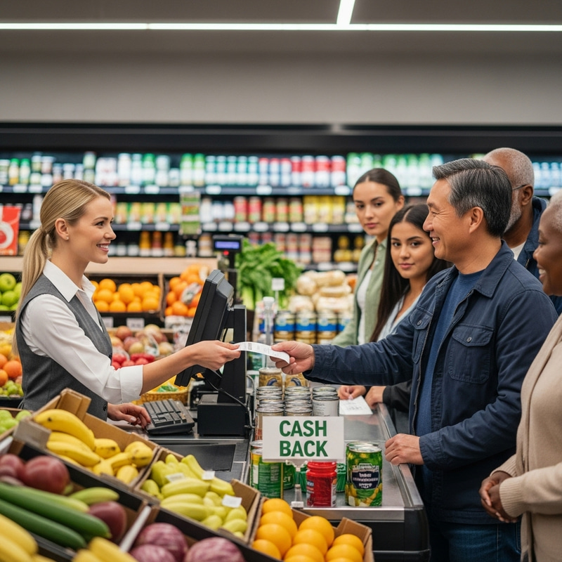 Grocery Store Checkout Scene with Cash Back Offer Grocery Store Checkout Scene with Cash Back Offer