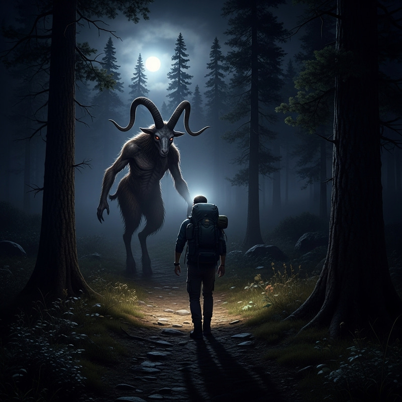 Encounter with Goatman: Nighttime Hiker Horror Scene Encounter with Goatman: Nighttime Hiker Horror Scene