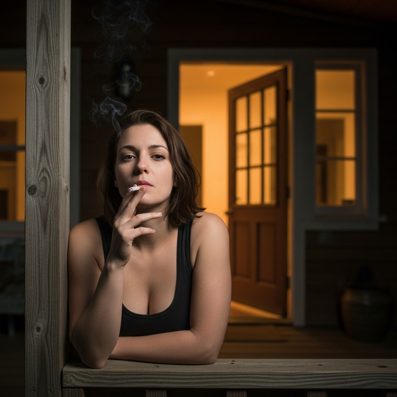Brunette Woman Smoking Last Cigarette on Porch at Night Brunette Woman Smoking Last Cigarette on Porch at Night