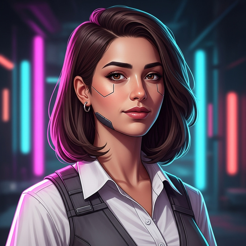 Neon Cyberpunk Futuristic Middle-Eastern Woman in White Shirt with Grey Vest