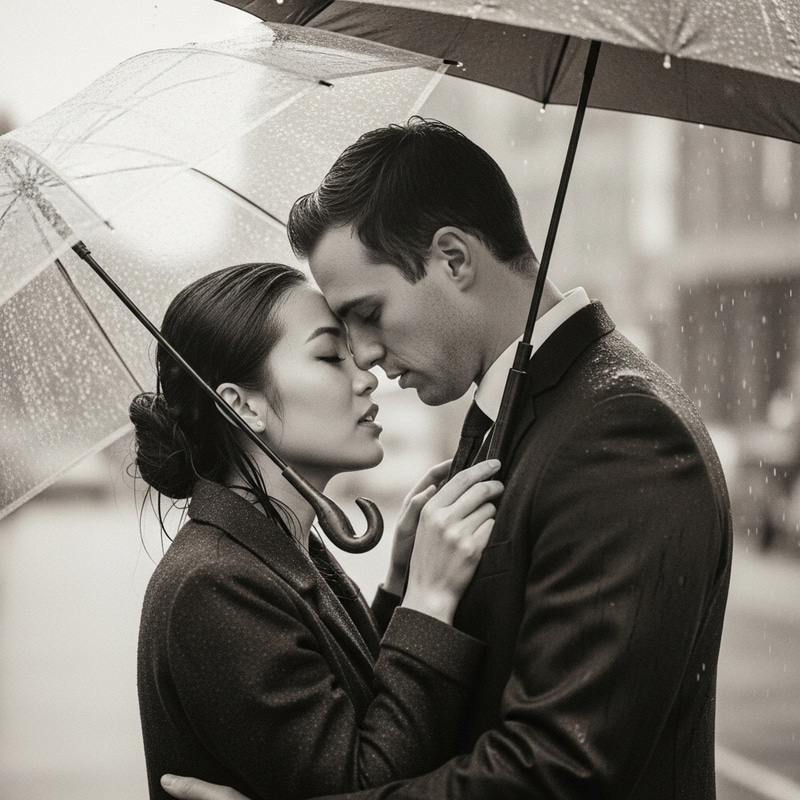 Romantic Embrace in Rain: Vintage Love Story Capture Romantic Embrace in Rain: Vintage Love Story Capture