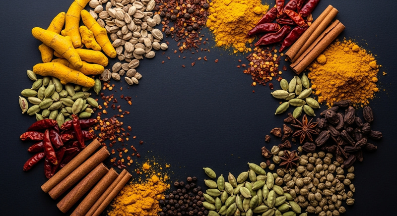Colorful Spice Array on Dark Background - Spice Bazaar Scene Colorful Spice Array on Dark Background - Spice Bazaar Scene