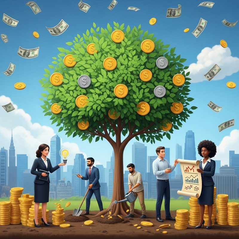 Wealth Creation Elegance: Captivating Money Tree and Dynamic Team