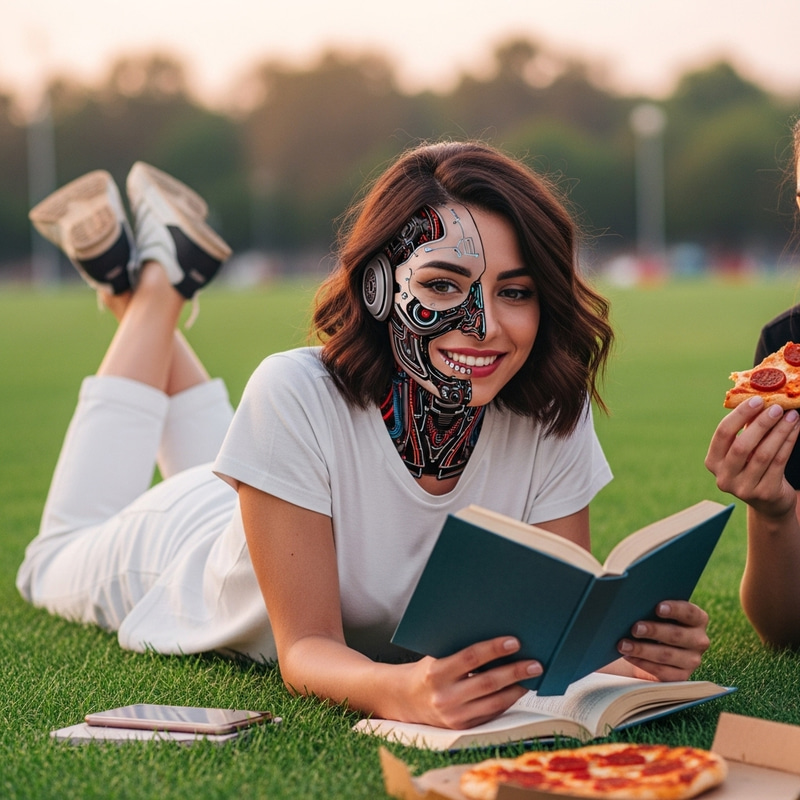 Futuristic Middle Eastern Woman with Shoulder-length Brown Hair Reading Book in Neon Park