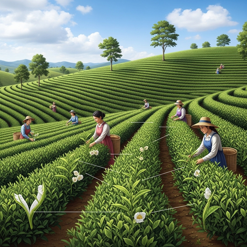 Detailed Tea Plantation Illustration with Diverse Workers - Scientific Illustration Detailed Tea Plantation Illustration with Diverse Workers - Scientific Illustration