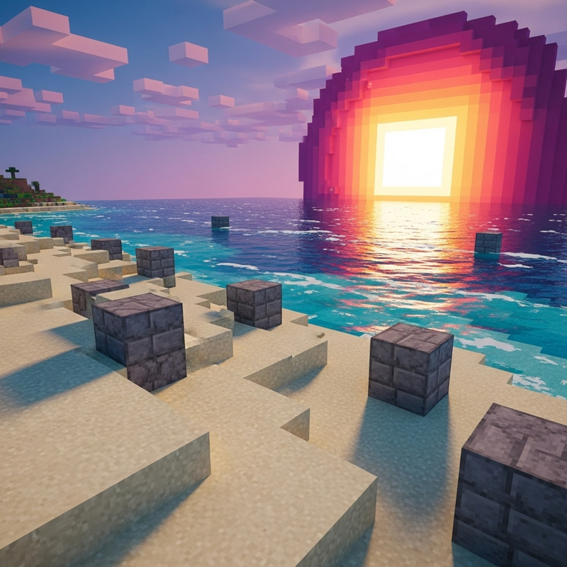 Tranquil Minecraft Beach Sunset Scene Tranquil Minecraft Beach Sunset Scene