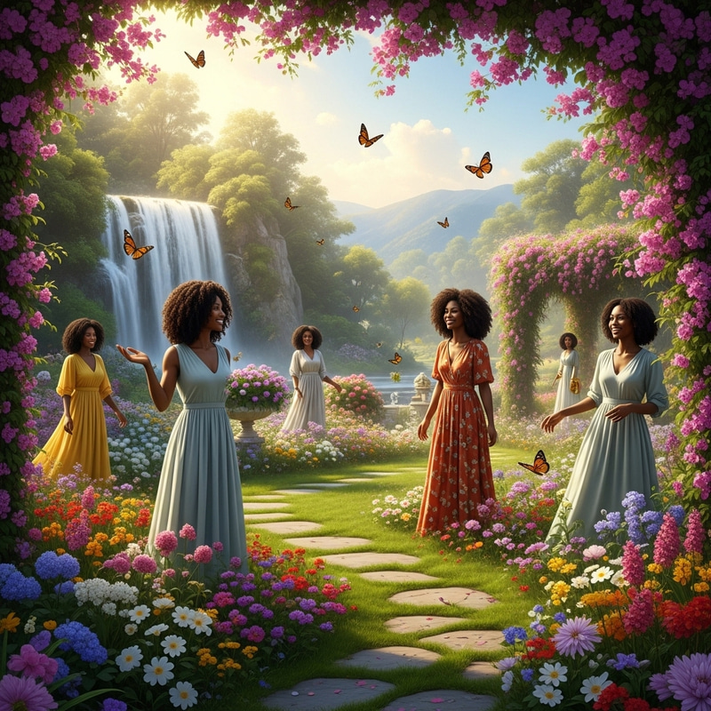 Joyful Black Women in a Vibrant Flower Garden