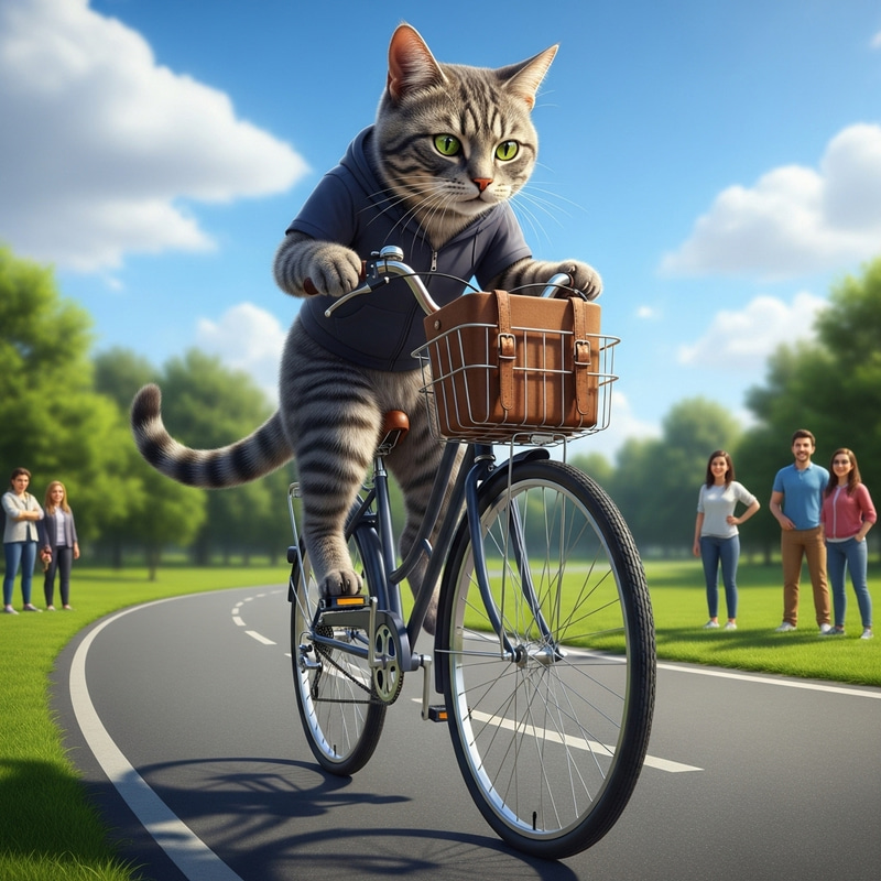 Hyperrealistic Cat Riding a Bicycle - A Unique Scene in the Park Hyperrealistic Cat Riding a Bicycle - A Unique Scene in the Park