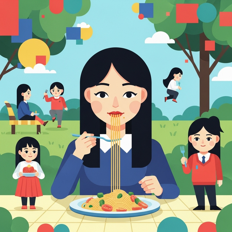Vibrant Flat Illustration of Girl with Geometric Figures Enjoying Pasta Vibrant Flat Illustration of Girl with Geometric Figures Enjoying Pasta