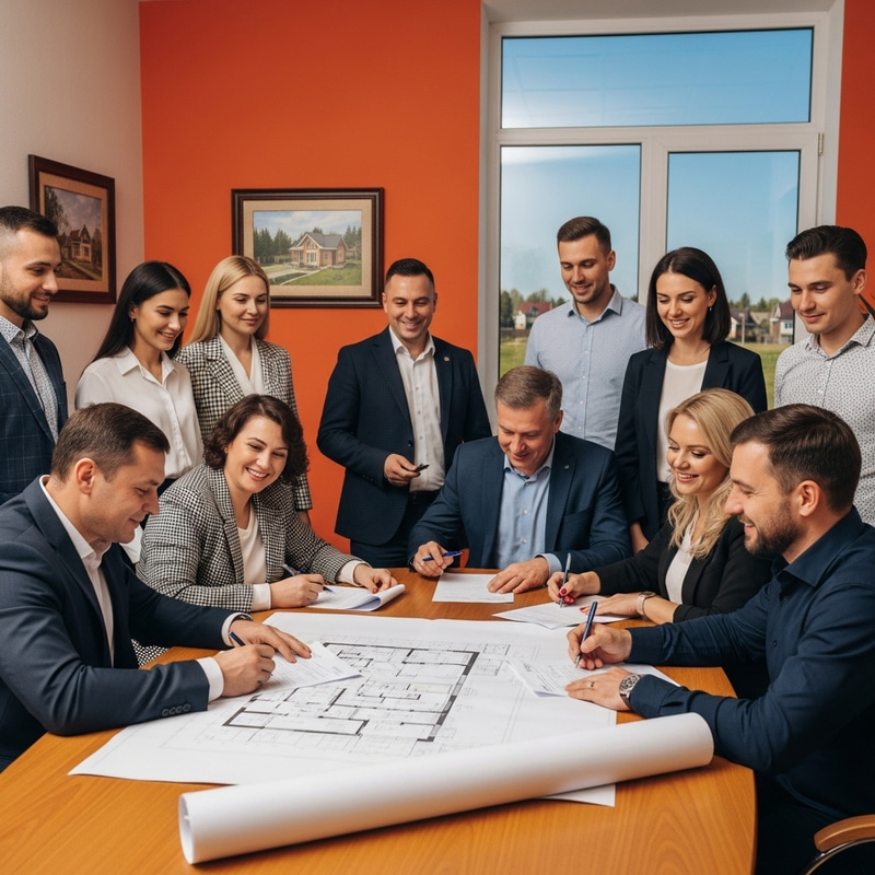 Happy Russians Securing Mortgage for Building Country House Happy Russians Securing Mortgage for Building Country House