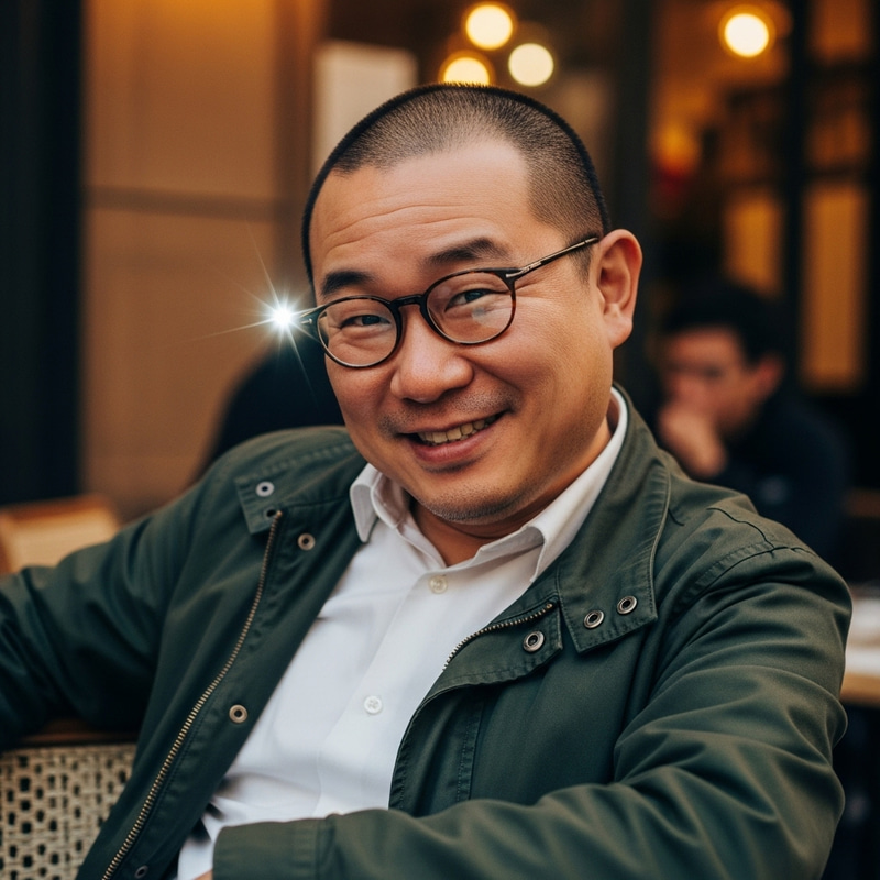 Cheeky Man in Green Jacket with Egg-shaped Head