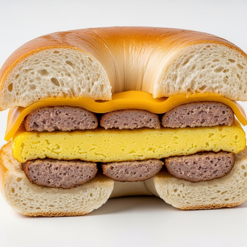 Delicious Bagel with Cheddar, Sausage, and Scrambled Egg