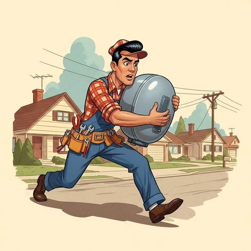 Retro Hispanic Cartoon Plumber | 50s Style Water Heater Runner Retro Hispanic Cartoon Plumber | 50s Style Water Heater Runner