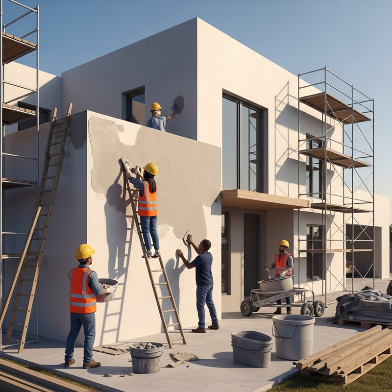 Modern House Under Construction: Diverse Workers Plastering Modern House Under Construction: Diverse Workers Plastering