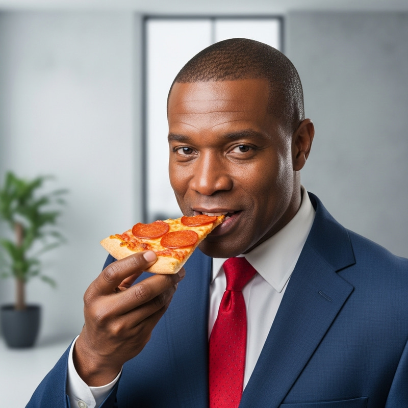 Middle-Aged African-American Man Enjoying Pizza