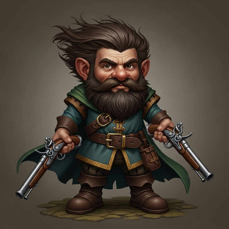 Medieval Gnome with Wind-Swept Brown Hair and Flintlock Pistols