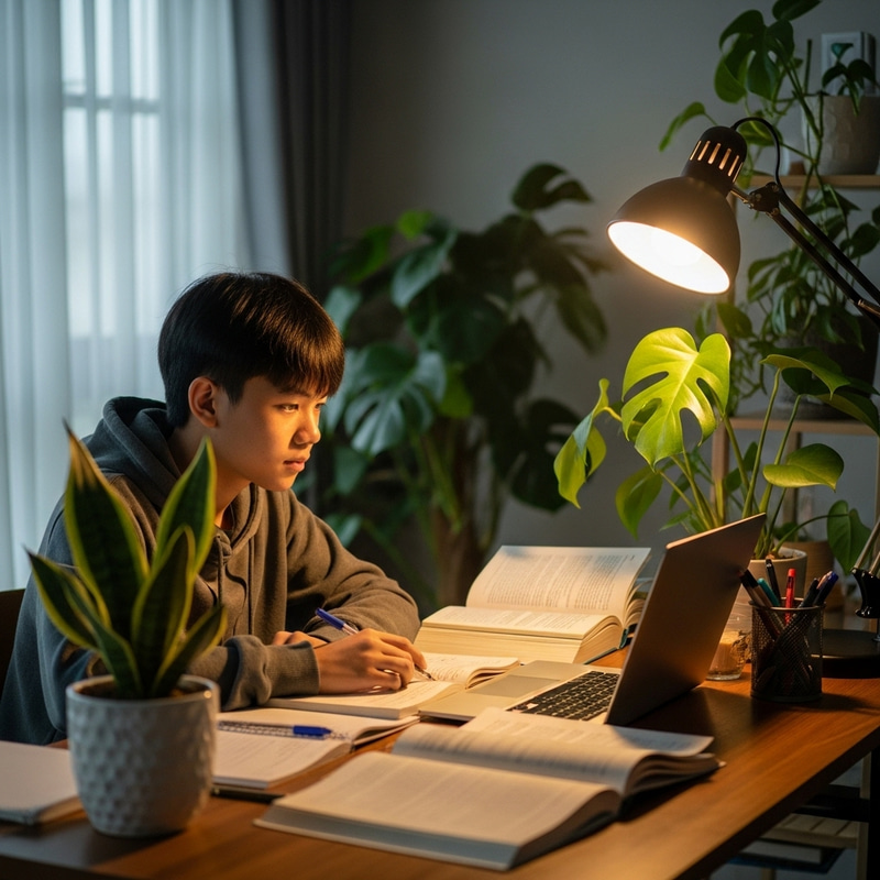 Chill Study Environment: Vietnamese Teen Engrossed in Serene Setting Chill Study Environment: Vietnamese Teen Engrossed in Serene Setting