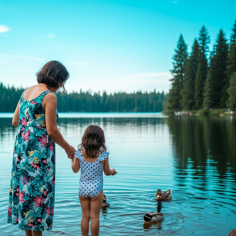 Tranquil Lakeside Moment with a Hispanic Mother and Daughter