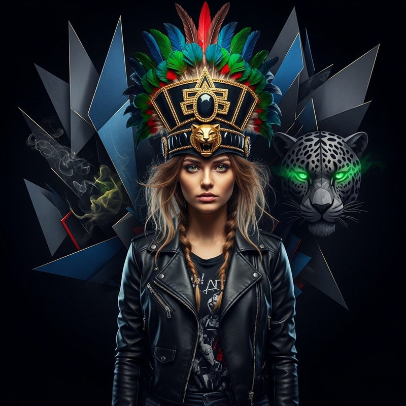 Realistic Art: Modern Aztec Girl with Jaguar and Tezcatlipoca