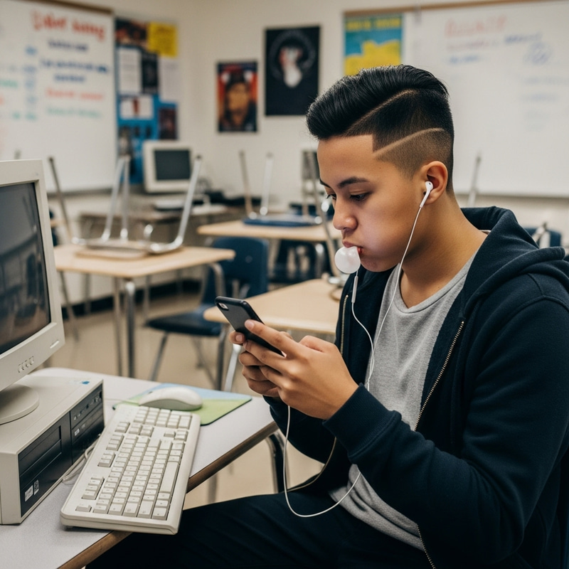 Person with Oblong Face and Fade Haircut Holding Smartphone in Classroom Person with Oblong Face and Fade Haircut Holding Smartphone in Classroom