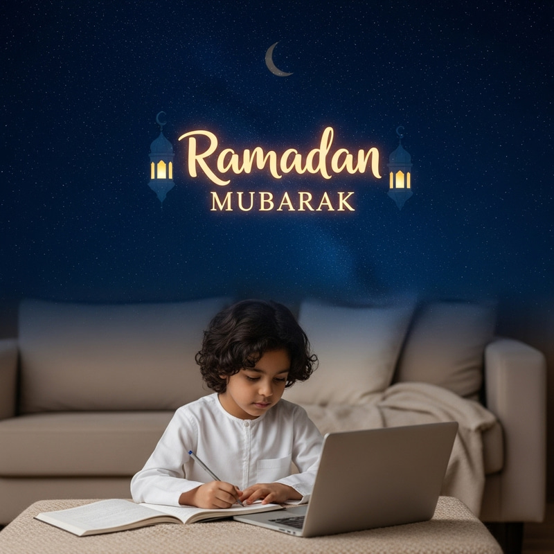 Enchanting Scene of Child Studying Under 'Ramadan Mubarak' Night Sky
