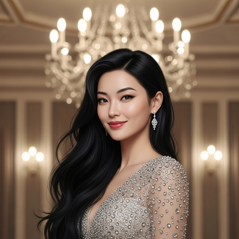 Gorgeous Woman with Flowing Black Hair in Elegant Gown Gorgeous Woman with Flowing Black Hair in Elegant Gown