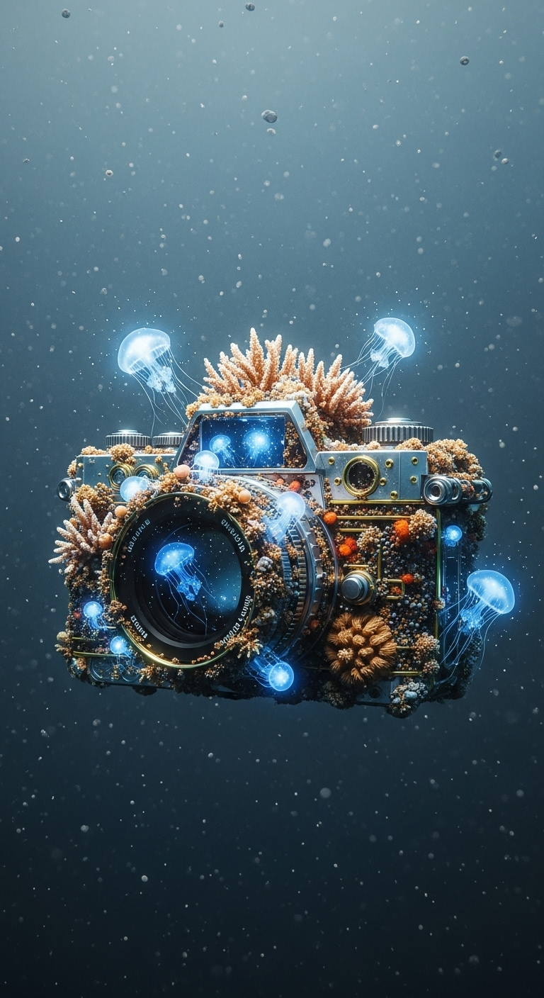 Underwater Coral Camera with Golden Accents in Marine Depths Underwater Coral Camera with Golden Accents in Marine Depths