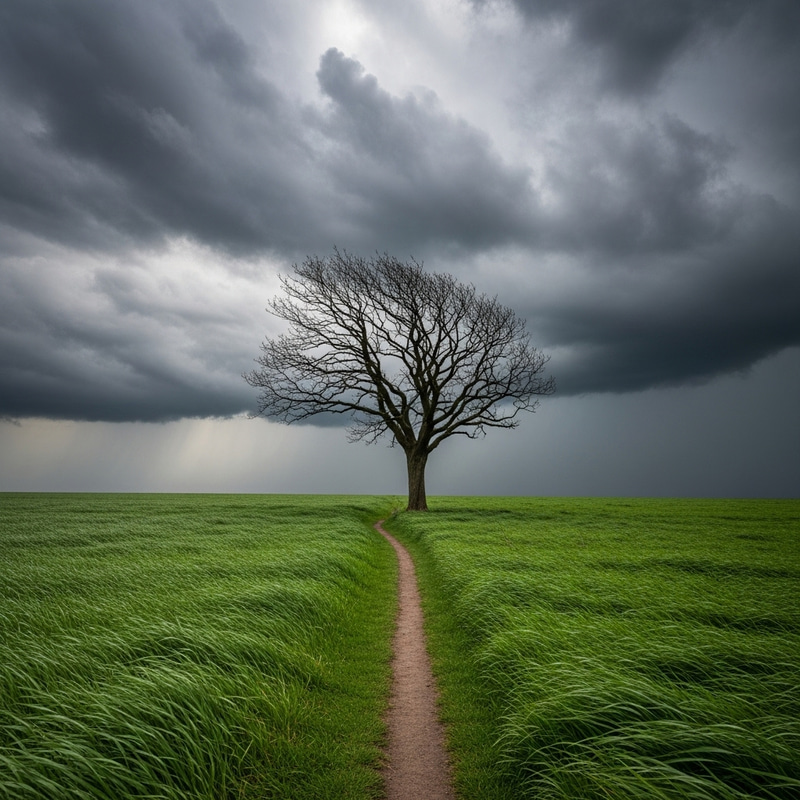 Lonely Tree in Field Under Approaching Storm