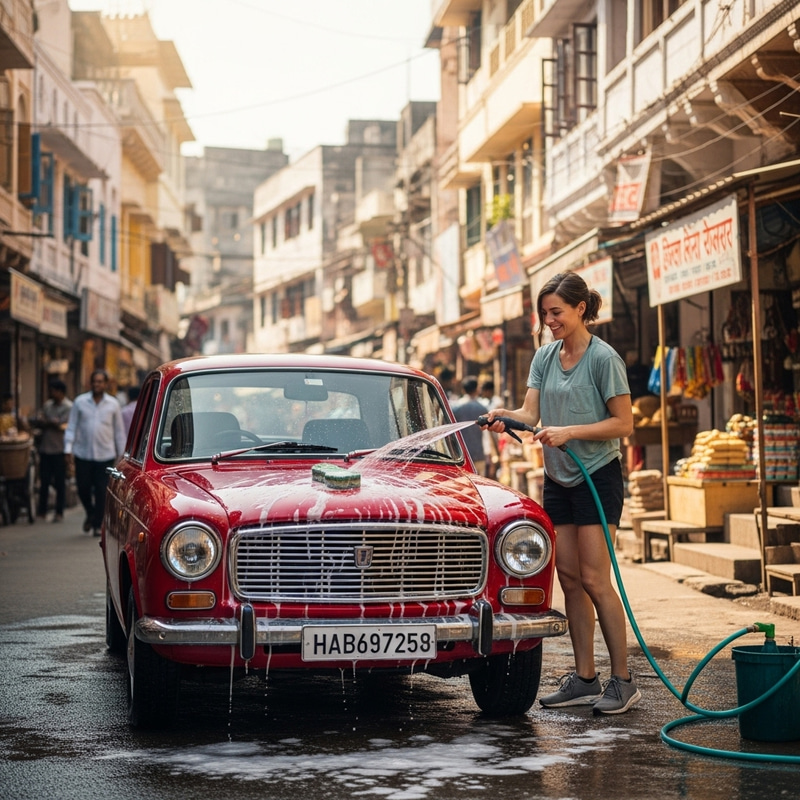 Emma Watson washing red sedan in India Emma Watson washing red sedan in India