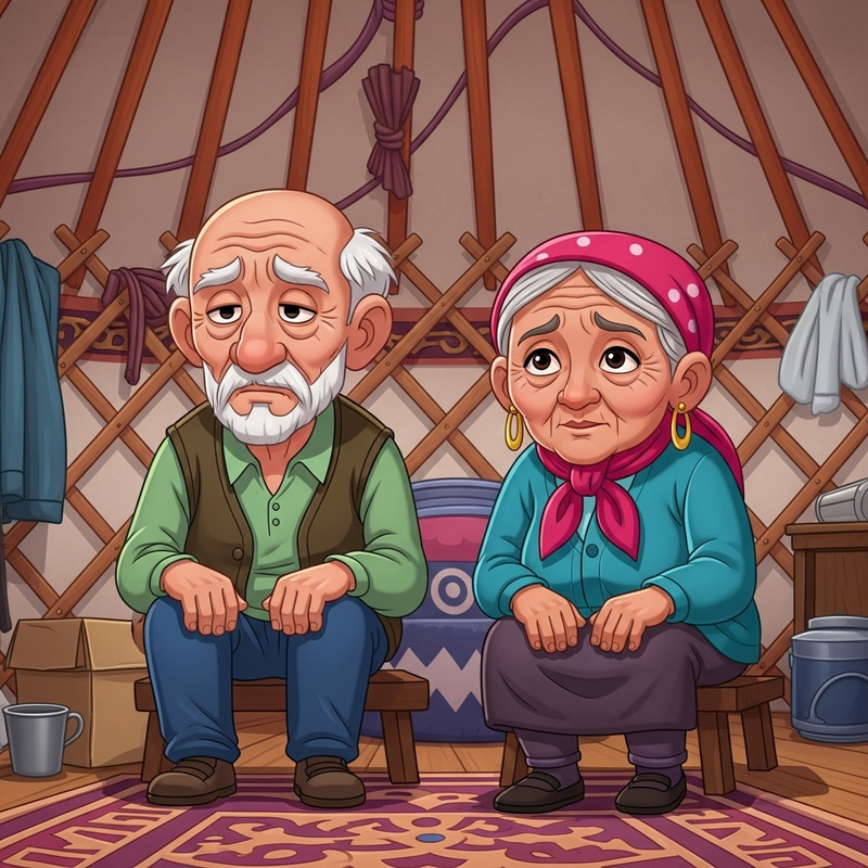 Elderly Grandparents in Traditional Yurt Cartoon Elderly Grandparents in Traditional Yurt Cartoon