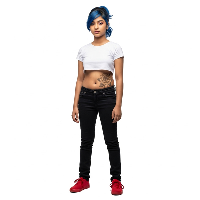 Full-Height South-Asian Girl with Blue Hair & Rose Tattoo Full-Height South-Asian Girl with Blue Hair & Rose Tattoo